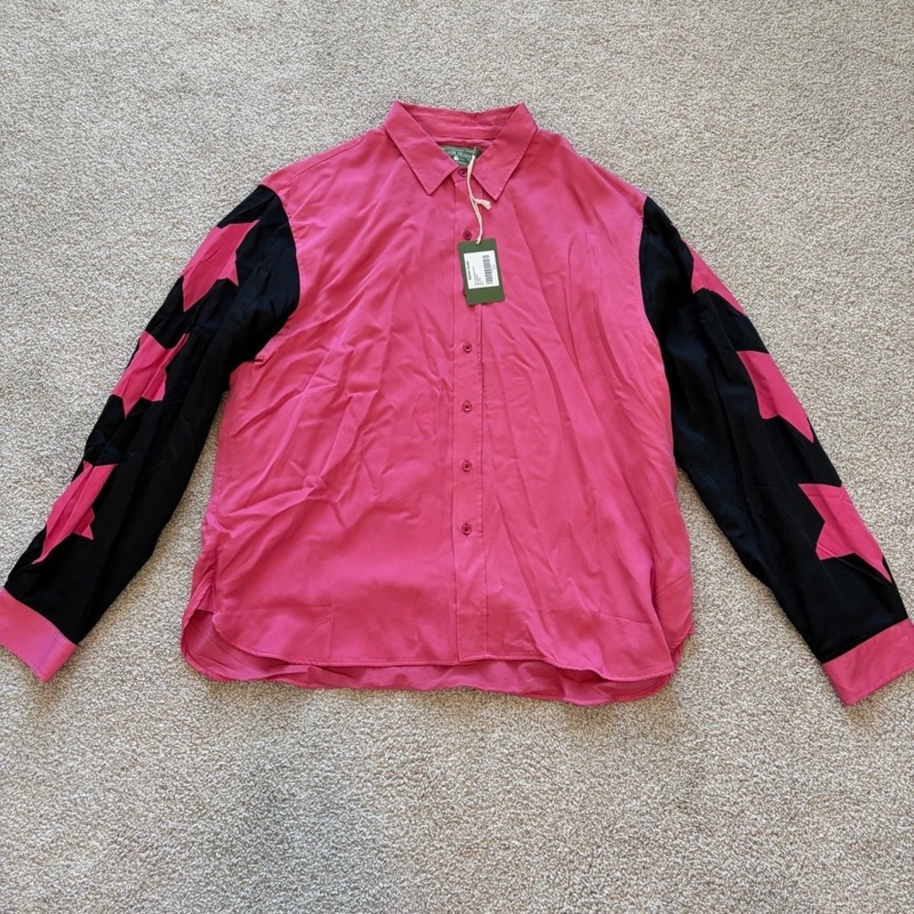 Denim Tears Button Up Shirt Mens L Pink Star Sleeve Lined Eclectic Funky Retro‎